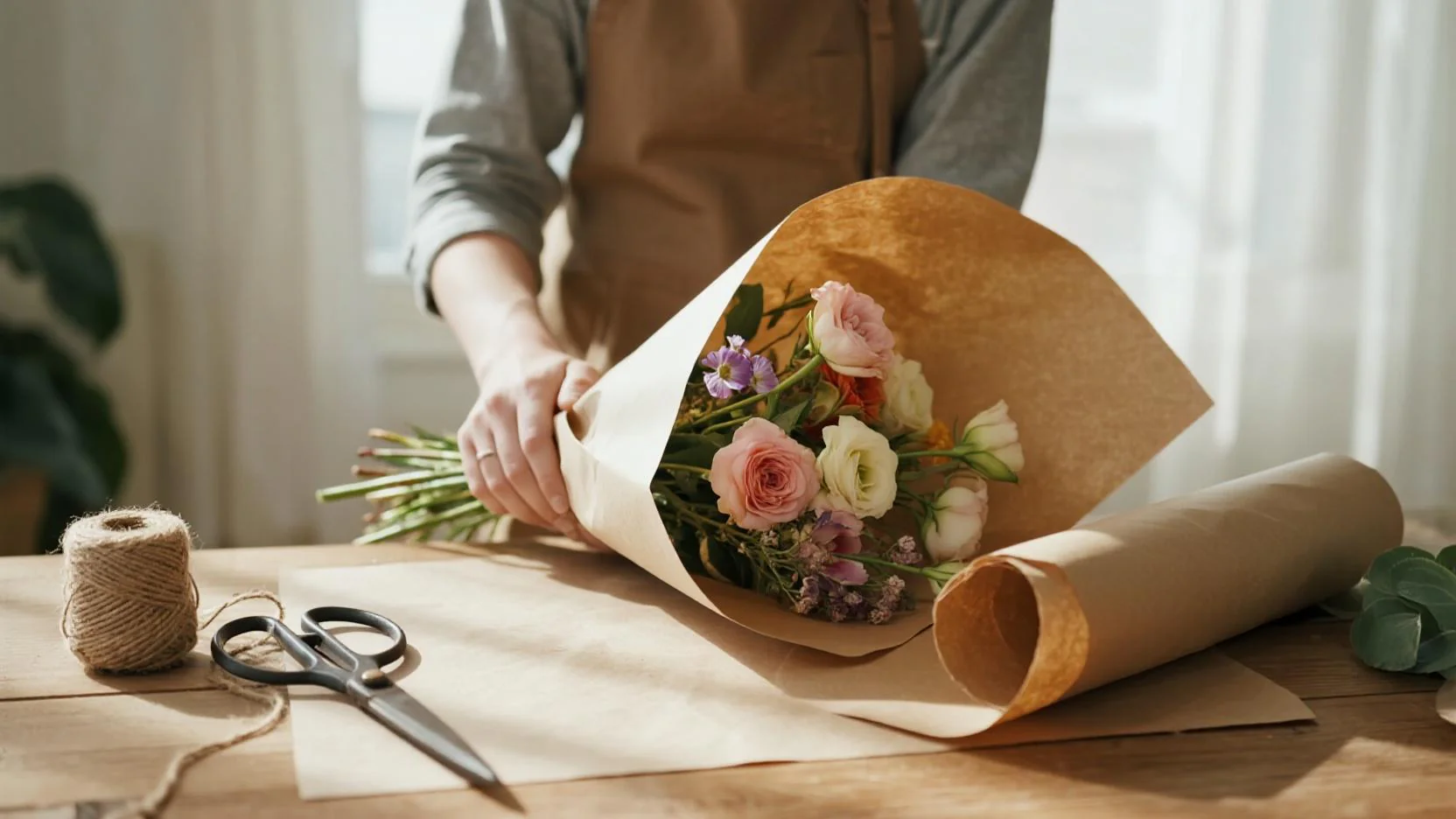 Fresh flower bouquet being unwrapped from packaging with scissors nearby
